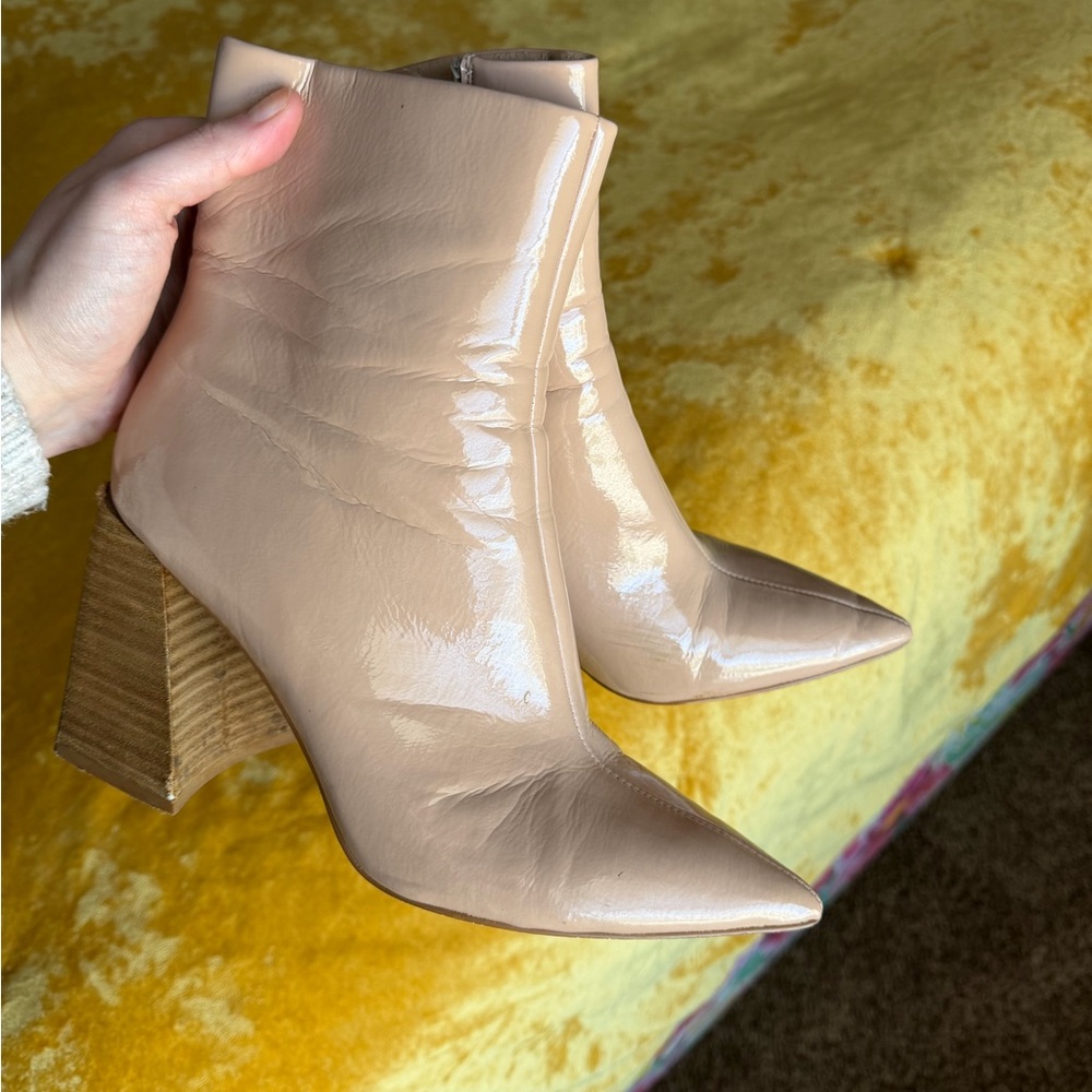 Steve Madden Patent Pointed-Toe Block Heel Ankle Boot - Nude